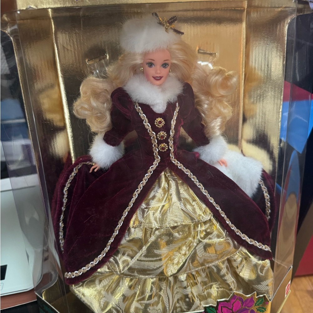 Mattel Burgundy and Gold Barbie Doll with White Fur Vintage 1996
